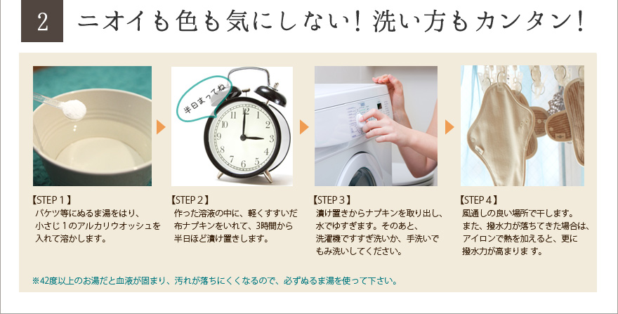 2.ニオイも色も気にしない! 洗い方もカンタン!①ナプキンの血液のついている部分に浸みわたるまで、しっかりとスプレーをふきかけてください。②1 5～ 3 0 分ぐらい放置してください。③洗濯機ですすぎ洗いか、手洗いでもみ洗いして下さい。④風通しのいい場所で干したら完了です！